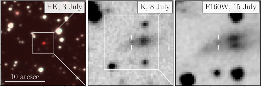 Three images of the GRB, one showing it as a red dot, one where there’s faint fuzziness around it, and a third clearly showing the fuzziness is a galaxy.