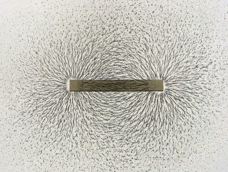A photo of a bar magnet, the north and south poles labeled, with iron filings aligning along big arcs from pole to pole.