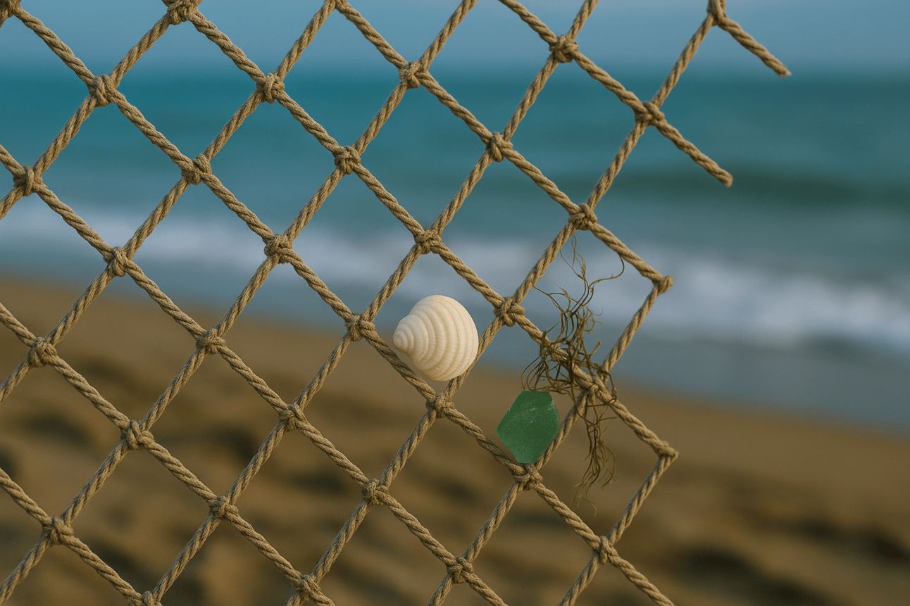 A close-up of a rope net on a beach, with a white seashell, a piece of green sea glass, and a small strand of seaweed caught in its weave. The ocean waves and sandy shore blur softly in the background.
