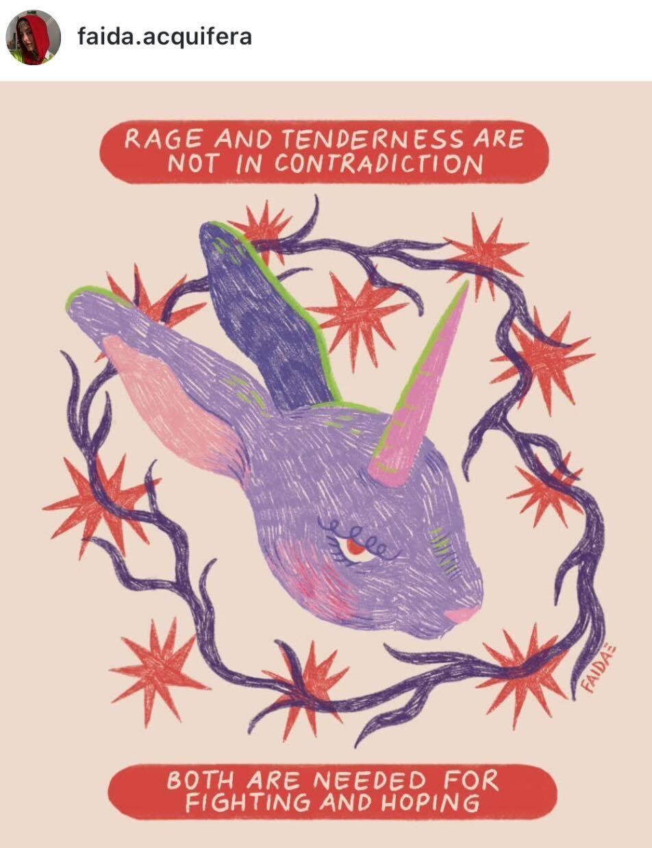 screenshot of an instagram post with an illustrated rabbit head. the rabbit is purple and pink and has a pink and green horn and is surrounded by a thorny vine. text around the image says "rage and tenderness are not in contradiction both are needed for fighting and hoping"