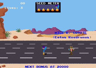The very beginning of Road Runner, showing off both characters staring out at the player and camera, with Wile E. Coyote wearing a bib and holding silverware, ready to eat. He's being introduced with the "Latin" phrase, Eatus Roadrunus here.