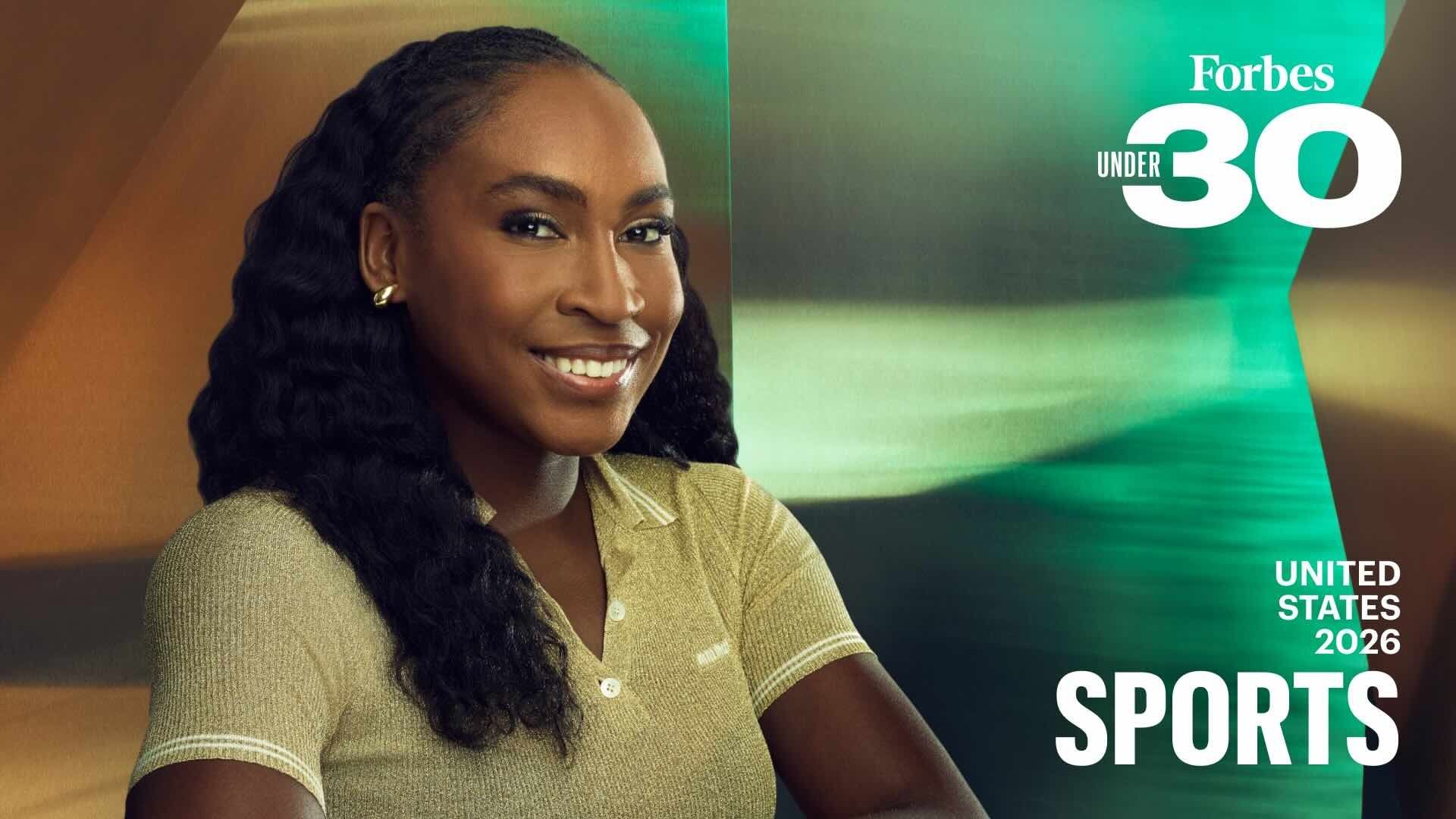 Tennis star Coco Gauff poses against a green and brown backdrop labeled Forbes 30 Under 30.