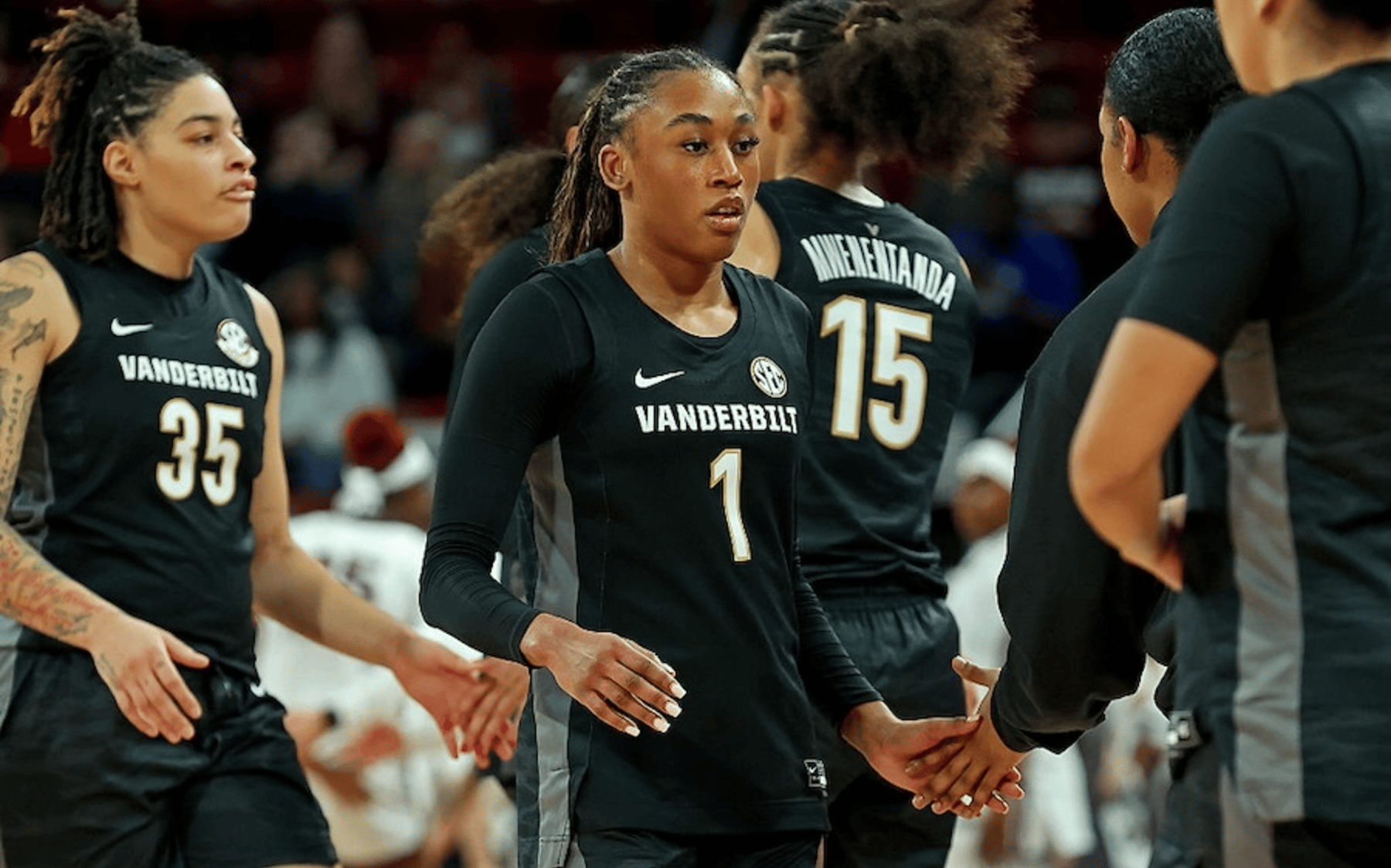 Mikayla Blakes #1 of the Vanderbilt Commodores heads to the bench during a second half timeout