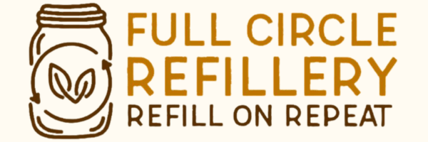 Full Circle Refillery logo featuring a mason jar with leaves and the text “Refill on Repeat” in bold orange and brown lettering.