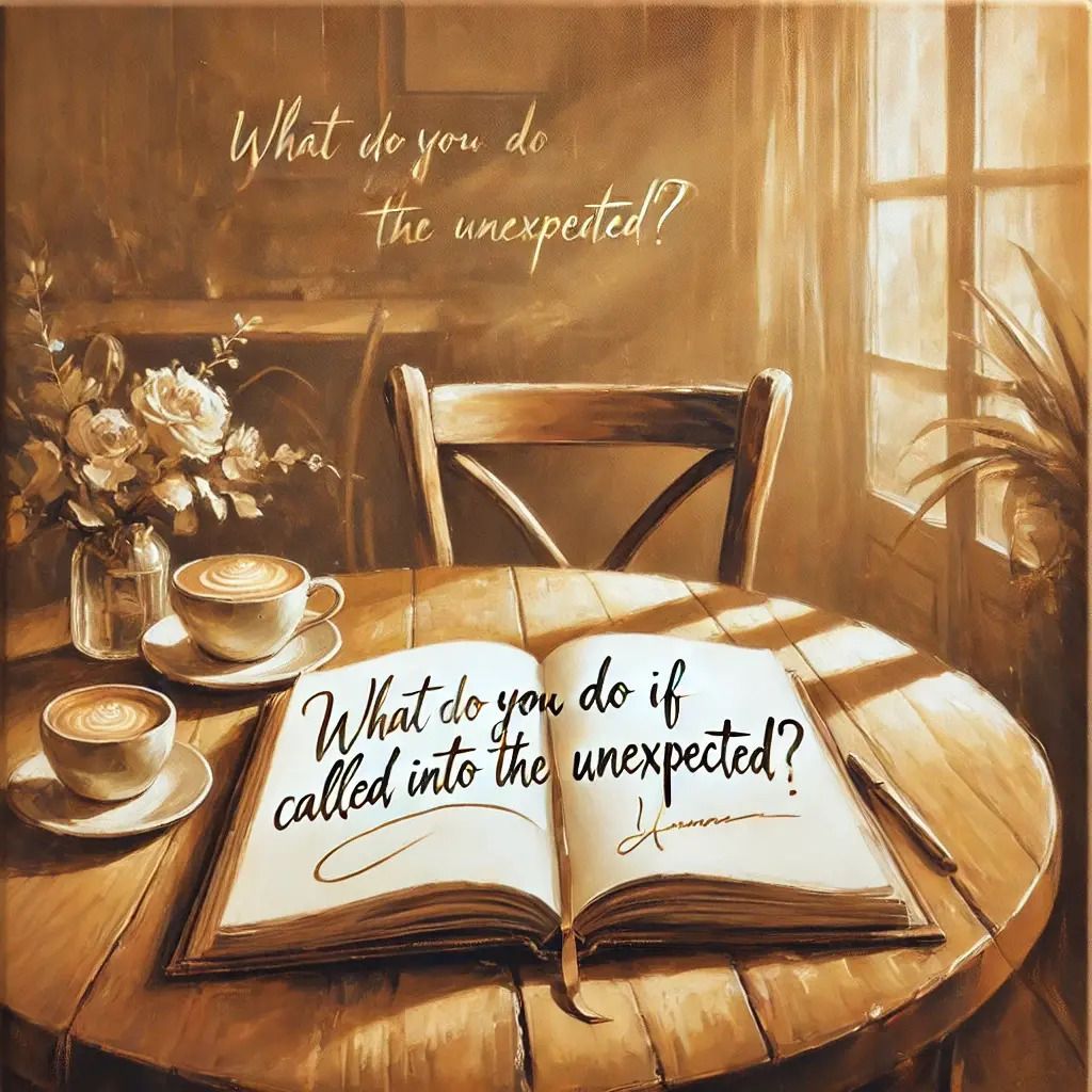 A modern artistic painting of a cozy café table with an open journal. The page reads, 'What would you do if called into the unexpected?' in elegant cursive handwriting, bathed in soft sunlight streaming through a nearby window.
