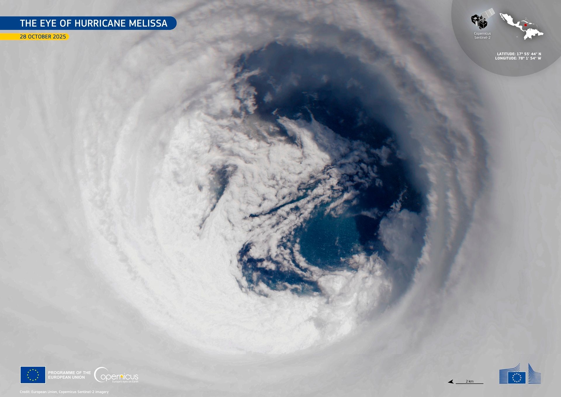 On 28 October 2025 at 15:55 UTC, the Copernicus Sentinel-2 satellite captured a striking image of Hurricane Melissa’s eye just hours before landfall on Jamaica’s southern coast. With sustained winds of 298 km/h and a central pressure of 892 hPa, Melissa became the most powerful storm in the island’s history and one of the most intense hurricanes ever recorded in the Atlantic basin. 
