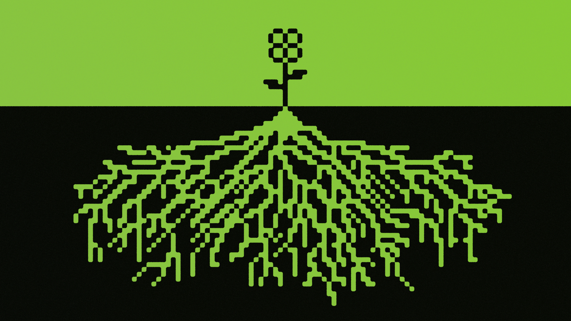 A simple pixellated flower above ground, supported by a dense tangle of roots below