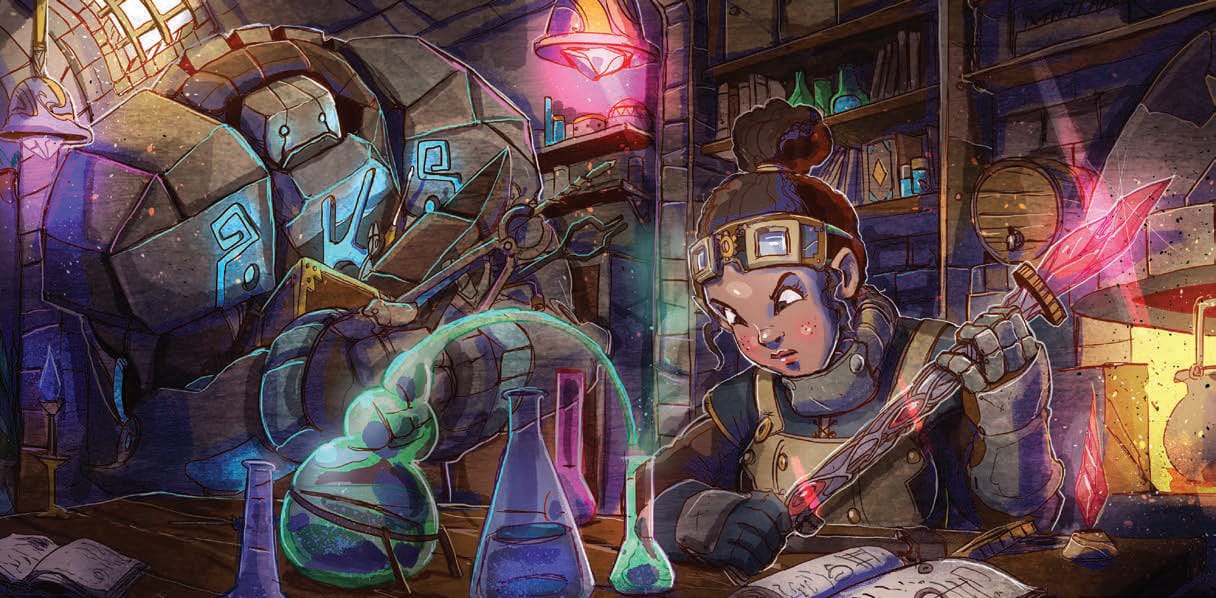 Foto de um laboratório cheio de pipets, orjs, metais e etc. Mexendo numa bancada de ferramentas, está uma anã de pele negra. Atrás dela, tem um golem fieot de pedras grandes com um K azul no que seria seu peito.