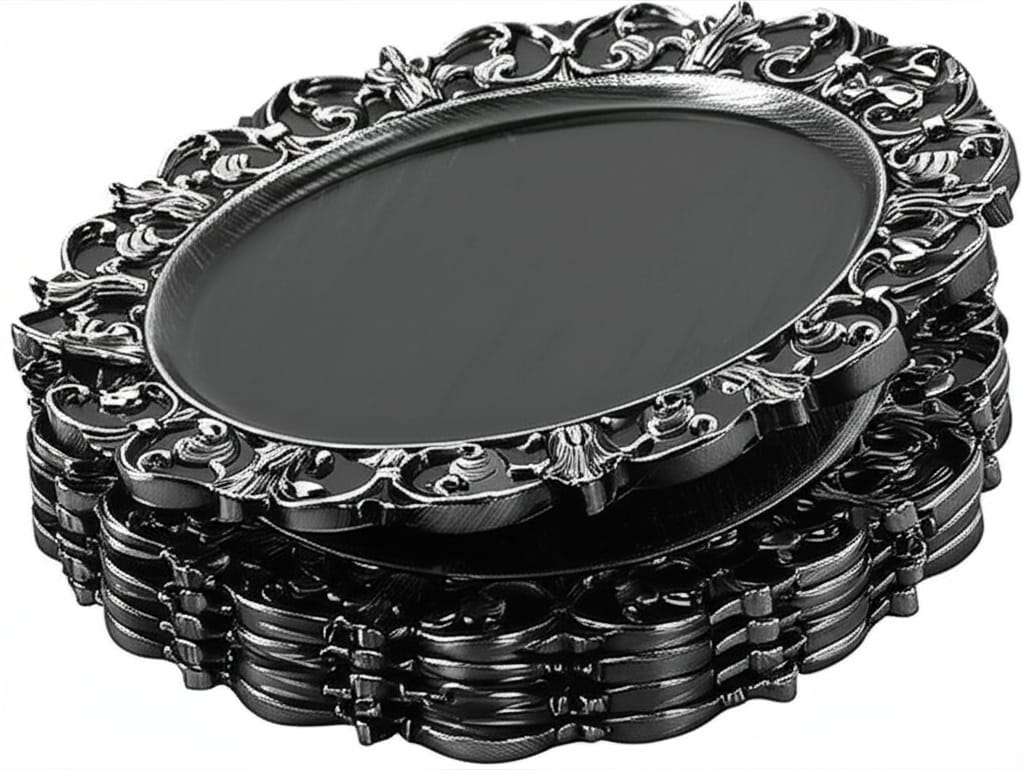 A stack of six black, round, decorative charger plates with a textured rim, arranged slightly offset on a white background