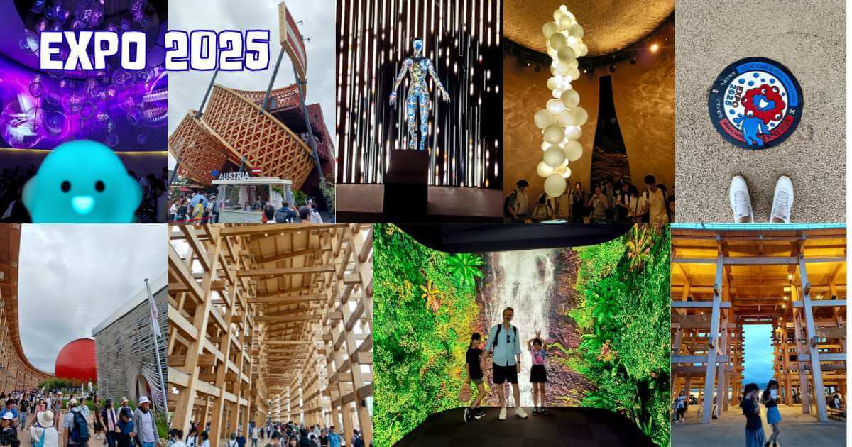 Grid of 8 photos from Osaka Expo 2025 showing various country pavilions, interactive exhibits, crowds, and modern architecture representing global cultural showcase"