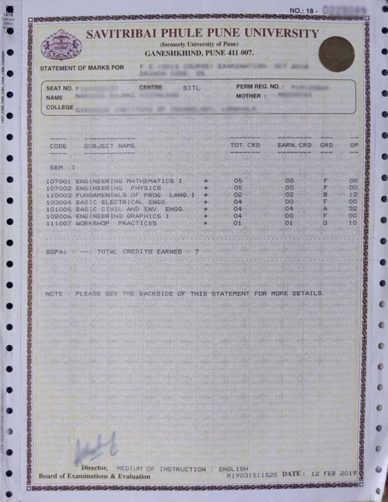 SPPU Result Online marksheet sample | Credit @unipune.ac.in