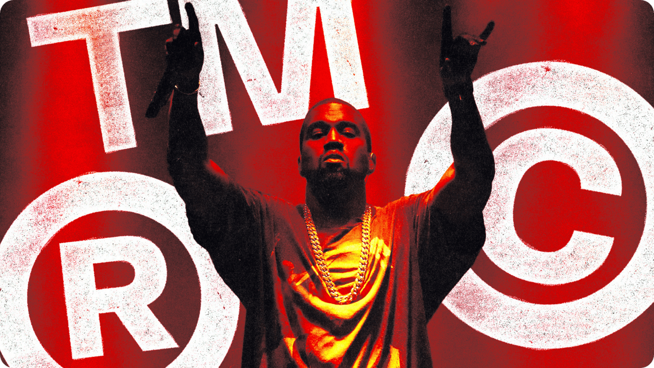 Ye in front of copyright logos