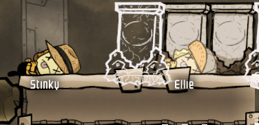 Print do jogo Oxygen not Included. Neles temos os cadávares dos duplicantes Stinky e Ellie 