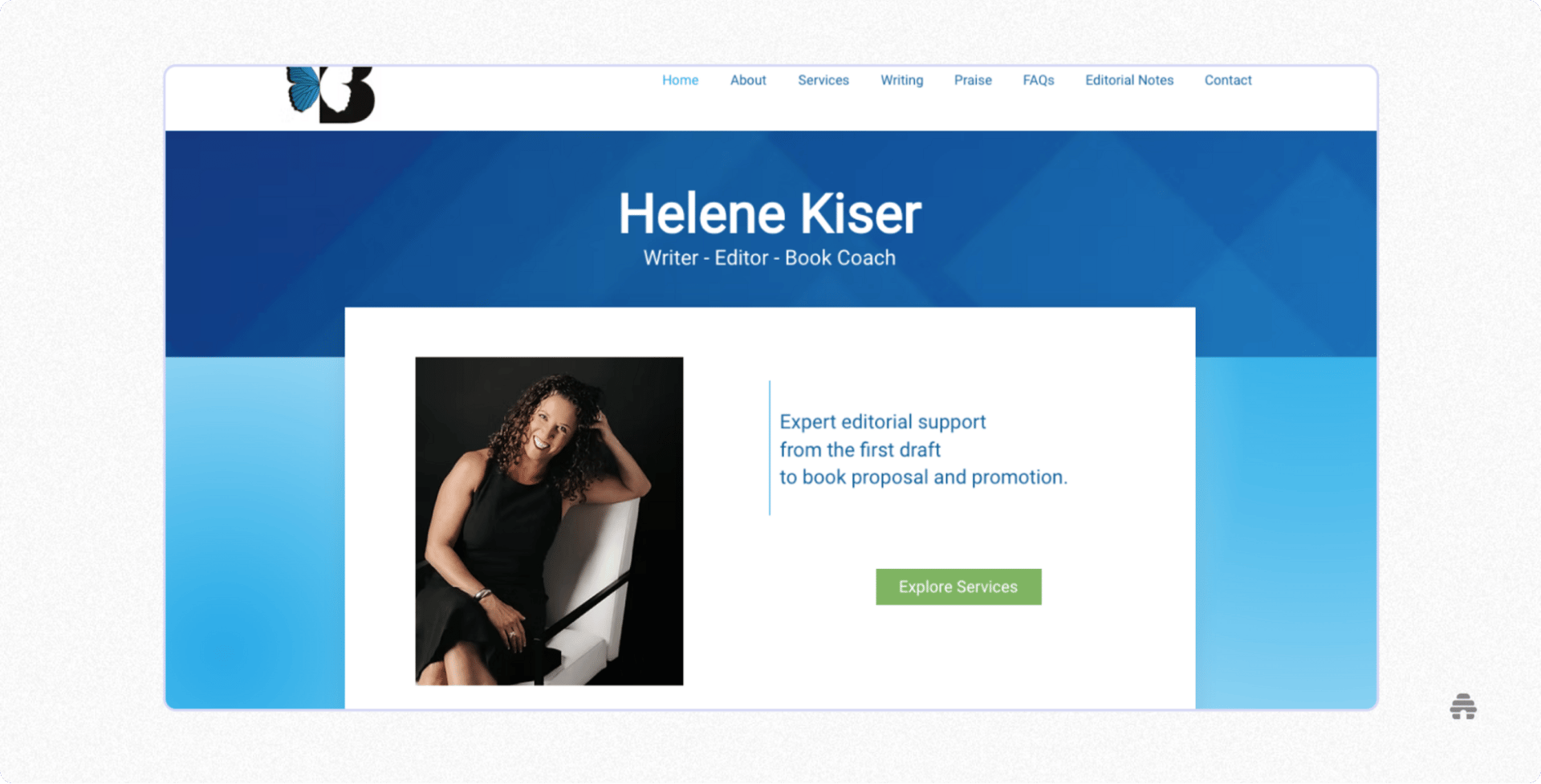 beehiiv author website for Helene Kiser, a writer, editor, and book coach, featuring a professional portrait and a call to explore editorial services from draft to book promotion.