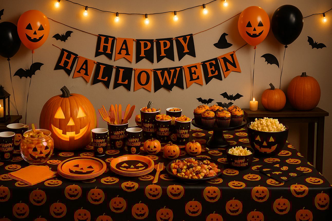 A photograph showcases a brightly lit Halloween party table decorated with a black tablecloth featuring orange jack-o'-lanterns, a carved pumpkin centerpiece, themed cups, plates, and utensils, bowls of candy and popcorn, orange and black balloons, string lights, and a "Happy Halloween" banner on the wall, creating a festive and budget-friendly party setup.