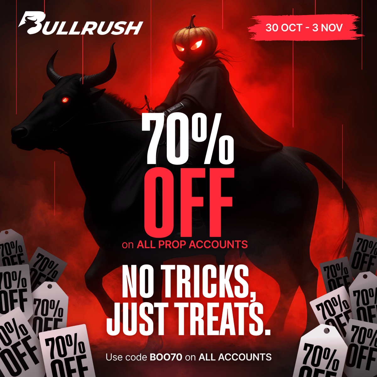Grab 70% off all Prop Account Levels from October 30 to November 3. Use code BOO70 to boost your trading capital and power your Prop Challenge.