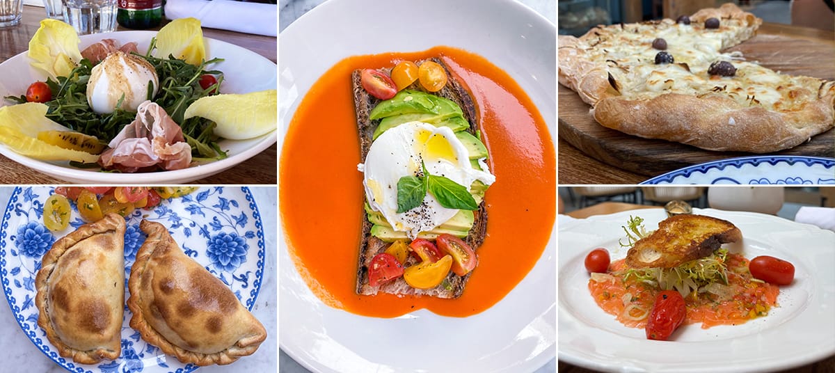 Selection of brunch dishes at Bianca Restaurant in Culver City including burrata salad with prosciutto, avocado toast with poached egg, cheese focaccia, baked empanadas, and salmon tartare
