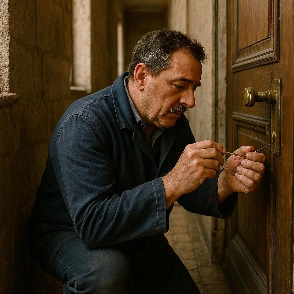 Un serrurier répare une serrure dans un couloir d'immeuble en France