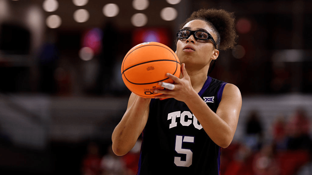 Olivia Miles #5 of the TCU Horned Frogs prepares to shoot a free throw against the NC State Wolfpack at Reynolds Coliseum on November 16, 2025 in Raleigh, North Carolina.