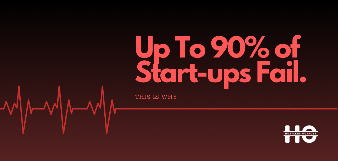 Text reading Up To 90% of start-ups fail with a heartbeat line fading into nothing.