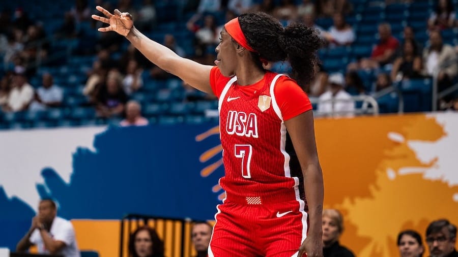 Kahleah Copper of USA celebrates after hitting a three-pointer during the Women's World Cup 2026 Qualifier between Spain and USA 