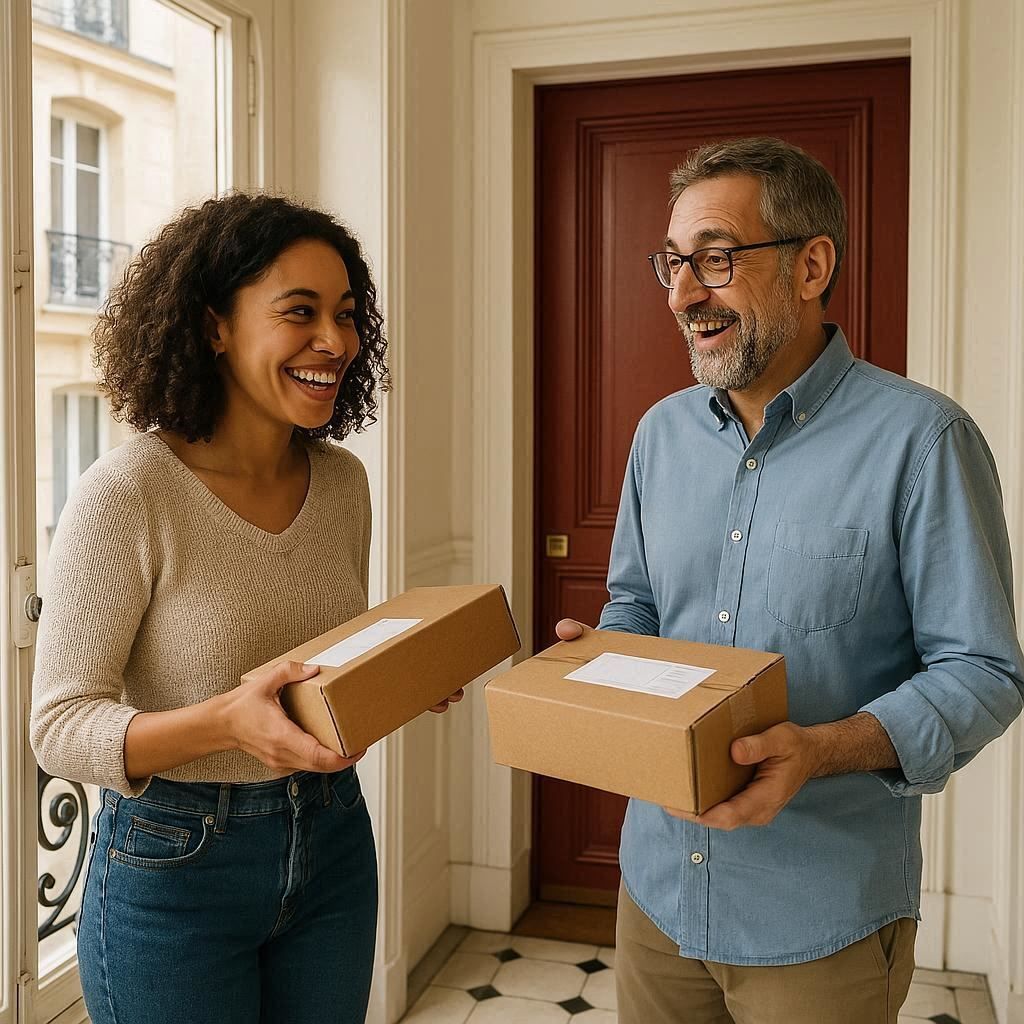 Two neighbors exchanging packages in a Parisian apartment building hallway
