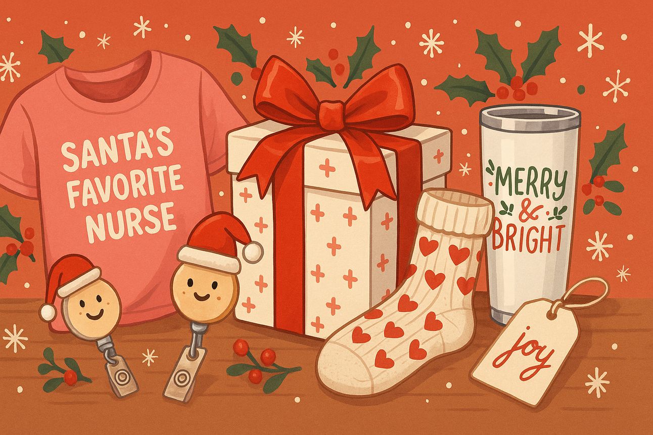 A festive illustration showcases nurse-themed Christmas gifts on a wooden surface, including a "Santa’s Favorite Nurse" shirt, a Merry & Bright tumbler, cozy socks with red hearts, a large gift box with a red bow, and two smiling badge reels wearing Santa hats. Holly, snowflakes, and a gift tag reading "joy" decorate the warm red-orange background.