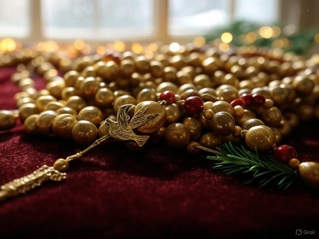 A peaceful, softly lit scene featuring elegant Christian prayer beads designed for women, laid gently on a fabric surface like velvet or linen. The beads include subtle, decorative elements such as a small cross, dove charm, or nativity-inspired accent (no text), with festive touches like gold or red tones. Surrounding decor includes gentle Christmas elements—twinkling fairy lights, pine branches, or candles—creating a serene and sacred atmosphere perfect for holiday reflection and prayer. No visible text or logos in the image.