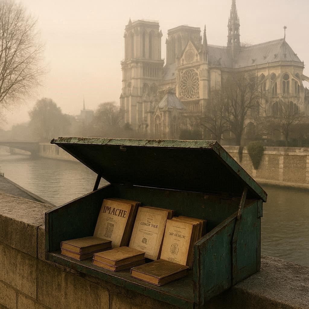 Boîte verte d'un bouquiniste ouverte sur les quais de la Seine, avec Notre-Dame de Paris en arrière-plan dans la brume hivernale.