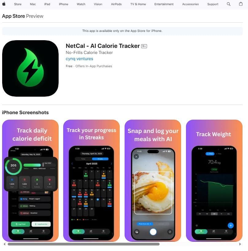 An App Store preview for "NetCal - AI Calorie Tracker," a free iPhone app by cynq ventures with in-app purchases. Screenshots show features like tracking daily calorie deficits, progress streaks, AI meal logging with a camera, and weight tracking with charts, all on a colorful interface.