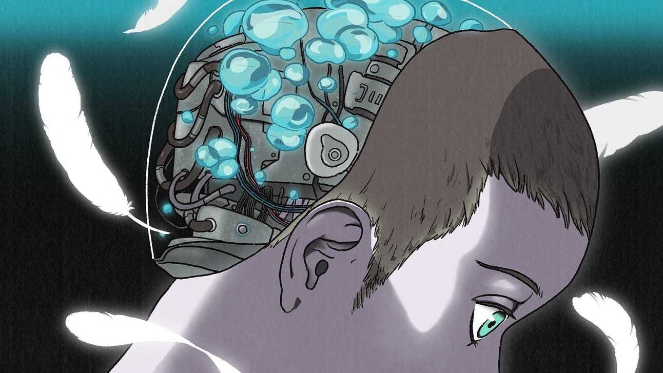 An illustration of a girl's head. She has short hair and the back of her head is glass revealing wires on the inside. There are feathers floating around her