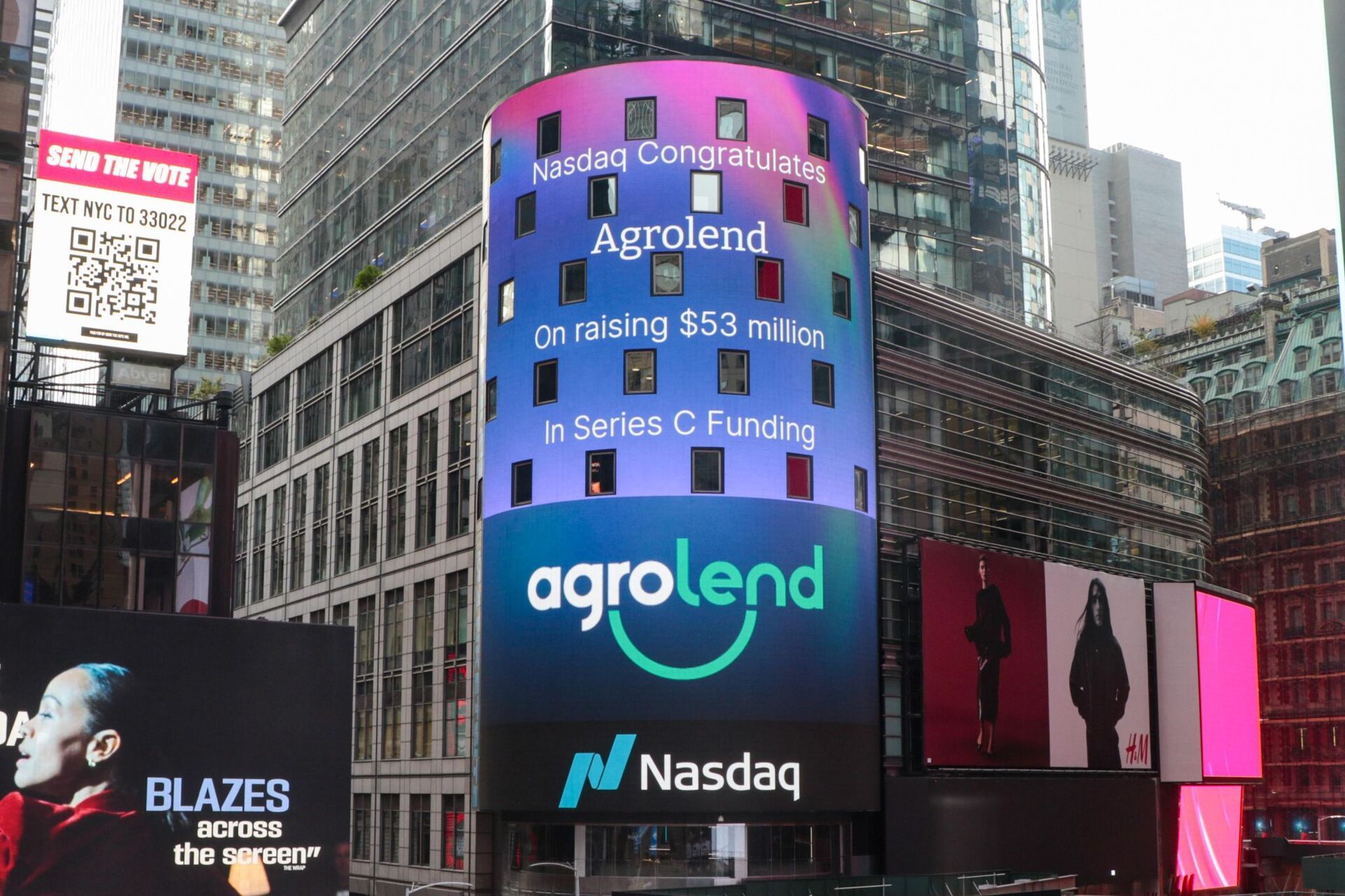 Agrolend showcases its USD 53 million Series C funding on the Nasdaq billboard in New York. Photo: Agrolend