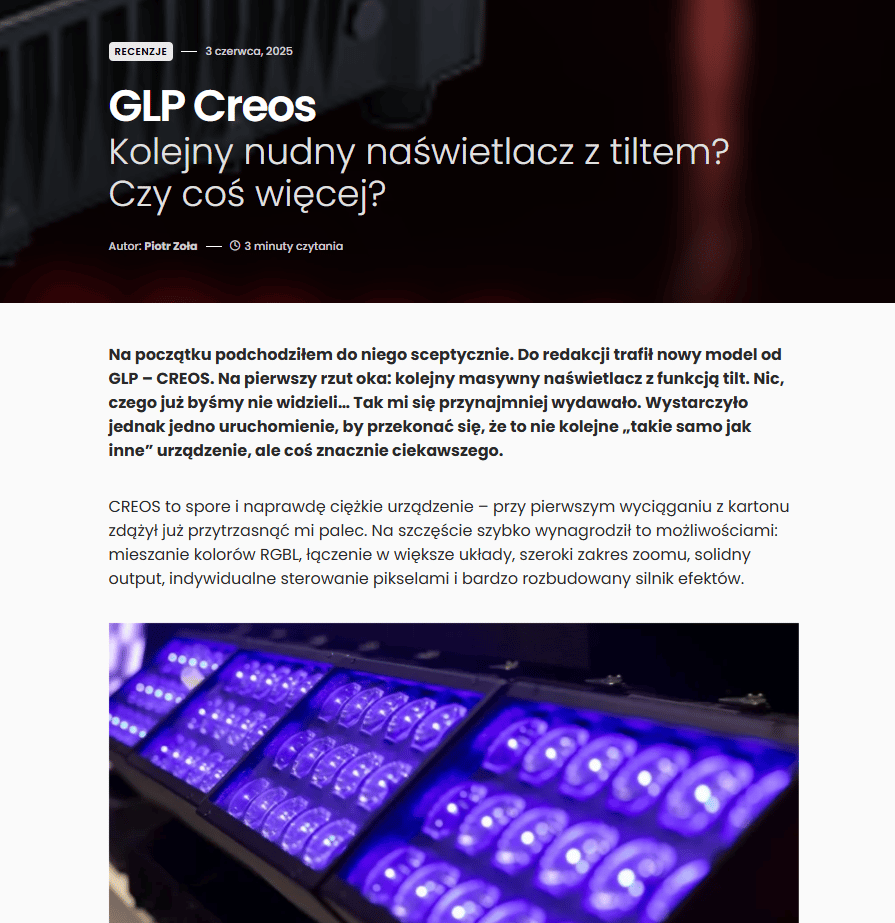 Naświetlacz GLP CREOS w trybie RGBL – testy sceniczne z aktywną dyfuzją i pixel mappingiem