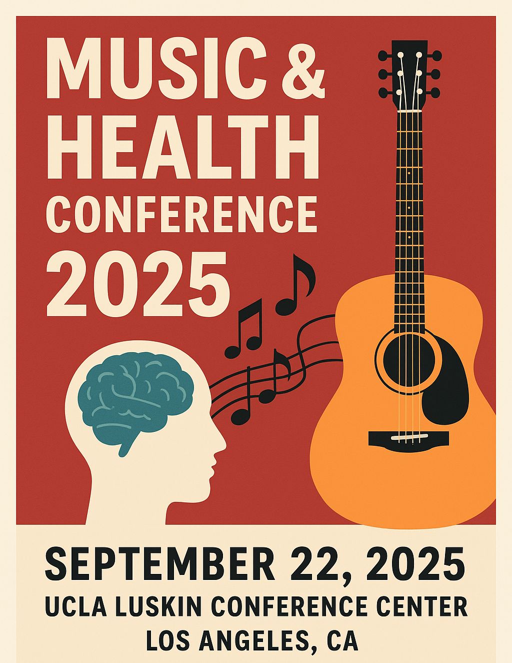 "Poster for the Music & Health Conference 2025 featuring a guitar, musical notes, and a silhouette of a head with a brain illustration. Text reads: 'Music & Health Conference 2025, September 22, 2025, UCLA Luskin Conference Center, Los Angeles, CA.'"