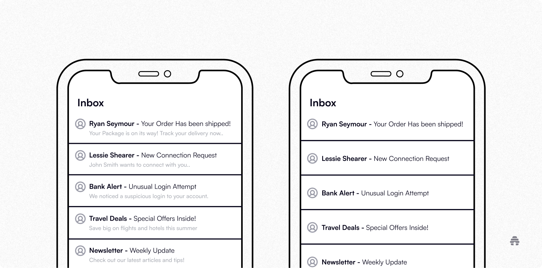 Side-by-side mobile inbox views showing emails with and without preview text beneath the subject line. Used by beehiiv to illustrate how preview text helps newsletters stand out and drive opens in crowded inboxes.