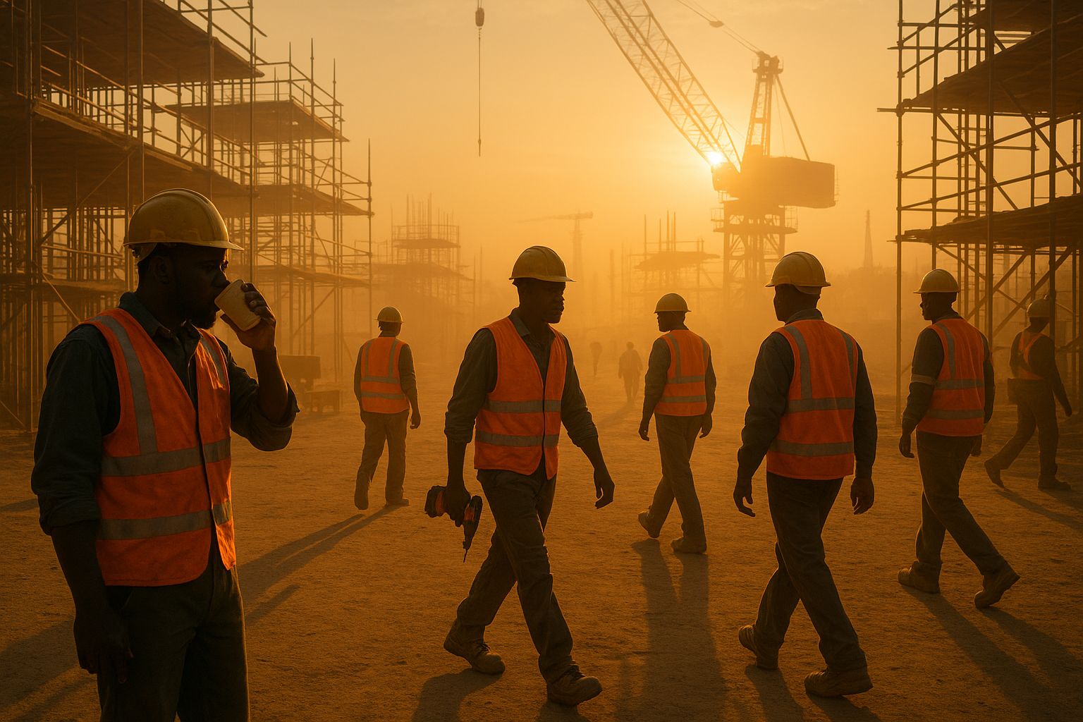 African Builders starting work at dawn, representing Africa’s steady progress and growing markets.