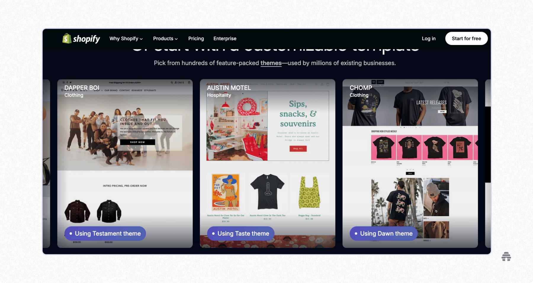 Shopify website showcasing customizable ecommerce store themes for creators and businesses to build and sell products online. Displays sample storefronts highlighting design flexibility and product layouts.