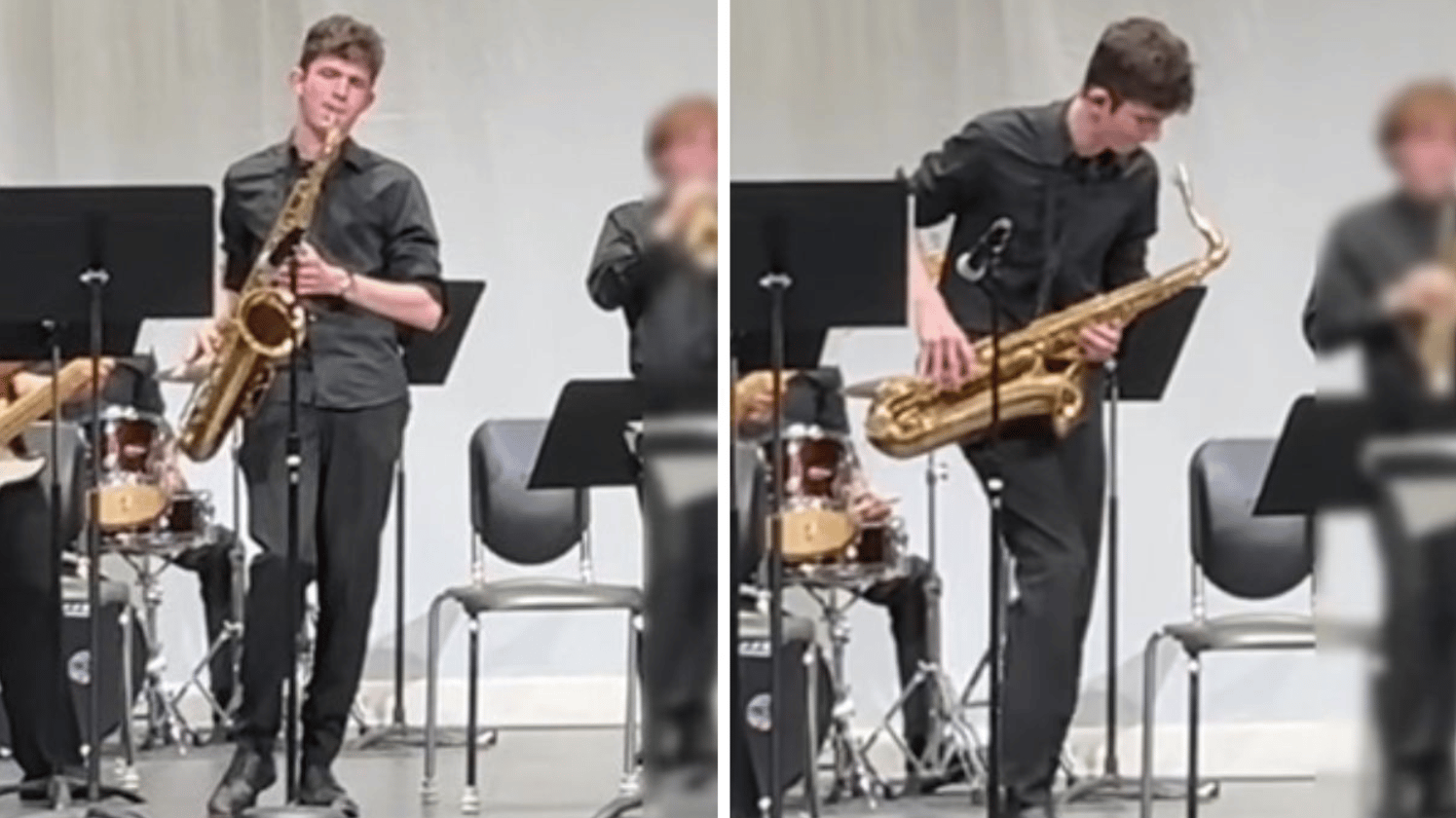 Image shows a saxophone player who is the son of a proud mom.