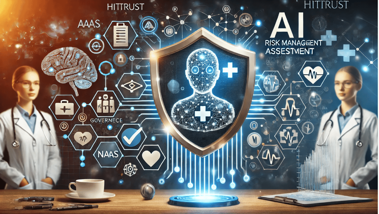 A professional and modern illustration representing HITRUST's new AI Risk Management Assessment tool. The image includes digital shields, a secure AI framework, and healthcare symbols like a stethoscope and medical cross. A network of AI and machine learning models is shown with interconnected data streams, emphasizing governance and risk management. The background features elements of a SaaS platform and compliance checkmarks, symbolizing alignment with industry standards such as NIST and ISO. The overall theme conveys trust, security, and responsible AI implementation in healthcare
