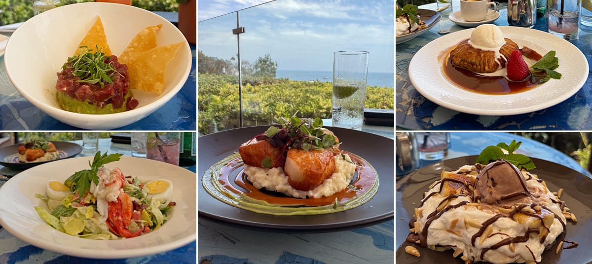 Selection of brunch dishes at Geoffrey’s Malibu including ahi tuna tartare, lobster salad, apple tart, and pavlova with nutella served with an ocean view