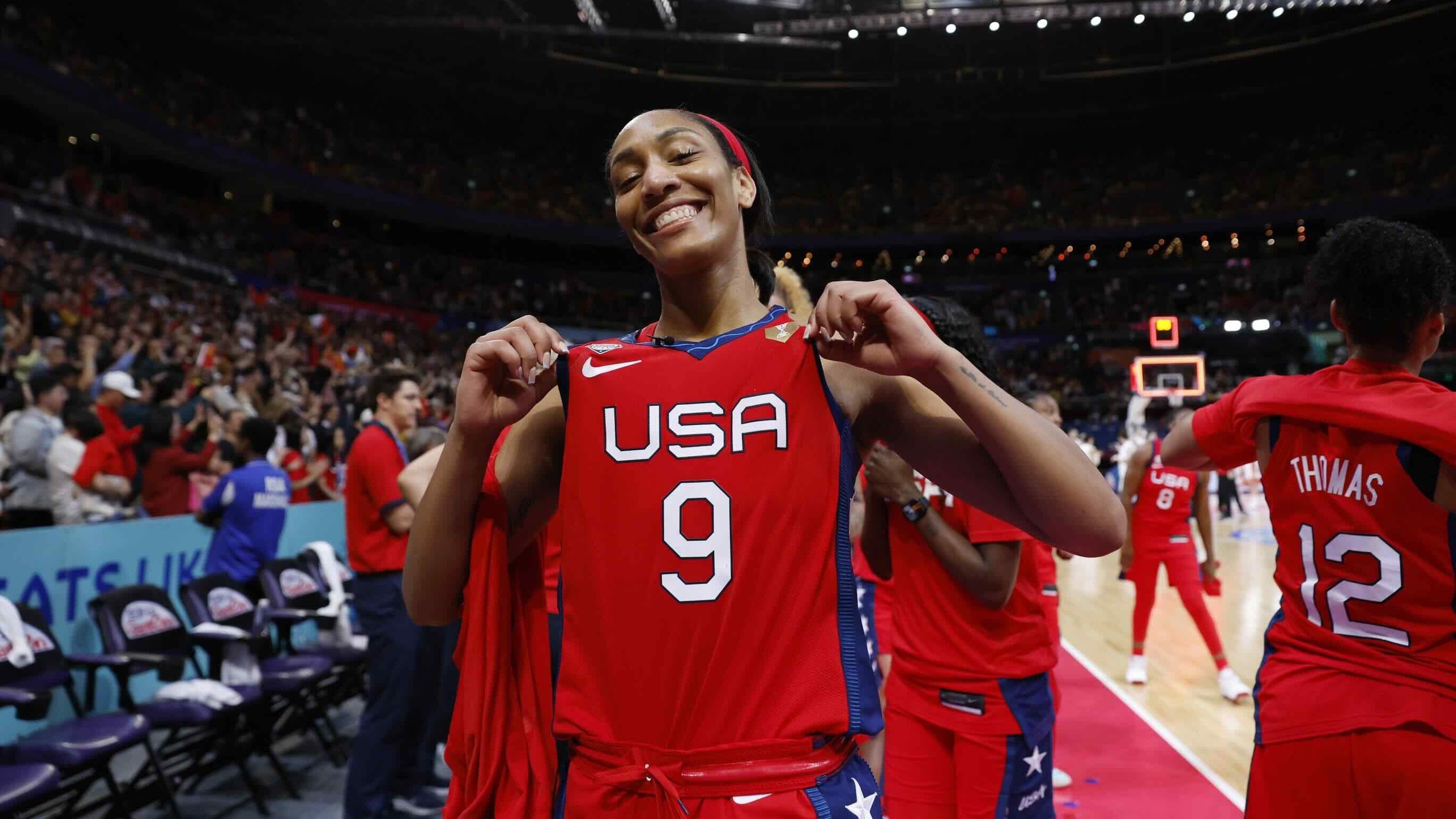 Team USA player A'Ja Wilson cerebrates winning the gold medal after defeating China in the 2022 FIBA women's basketball World Cup final at Sydney SuperDome.