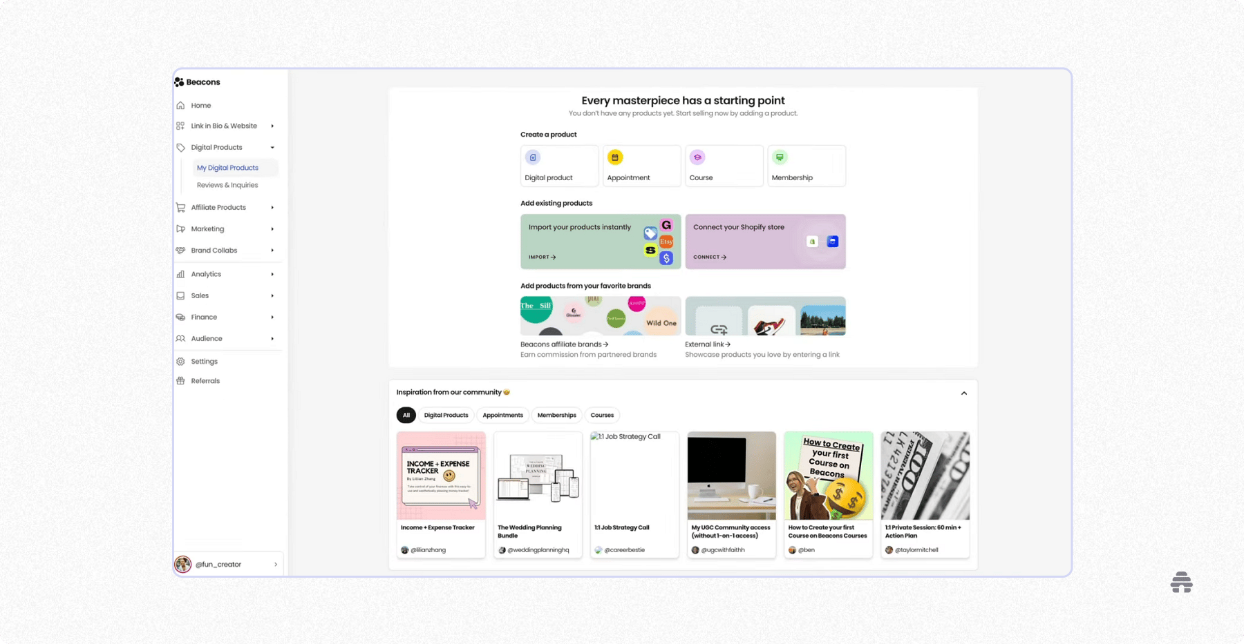 Beacons dashboard for creators showing options to add digital products, courses, memberships, and import products or connect a Shopify store.