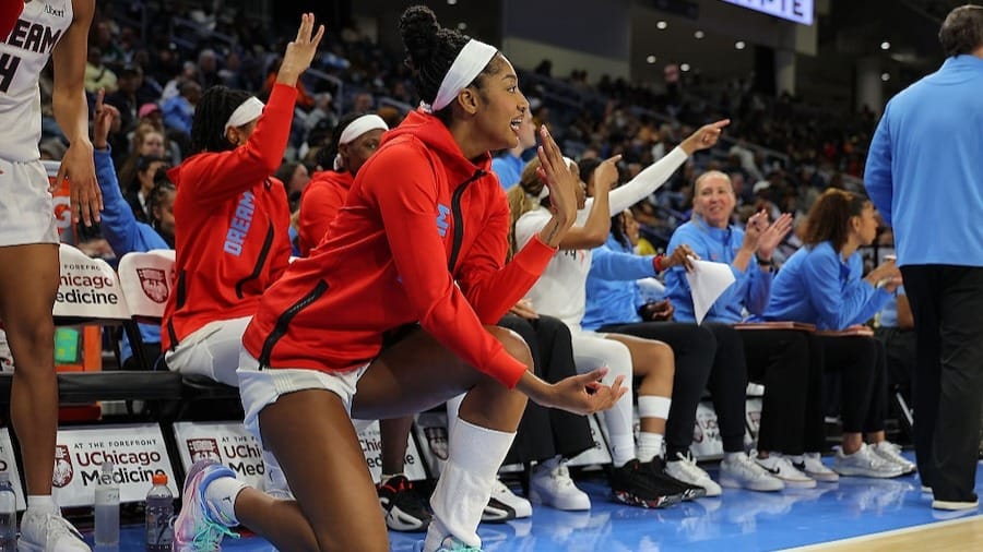 Angel Reese #5 of the Atlanta Dream celebrates during the second half against the Chicago Sky
