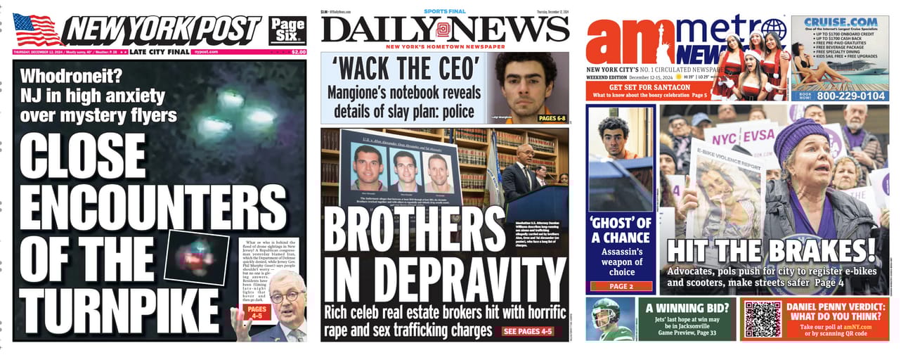 New York Newspaper Front Pages for December 12th, 2024