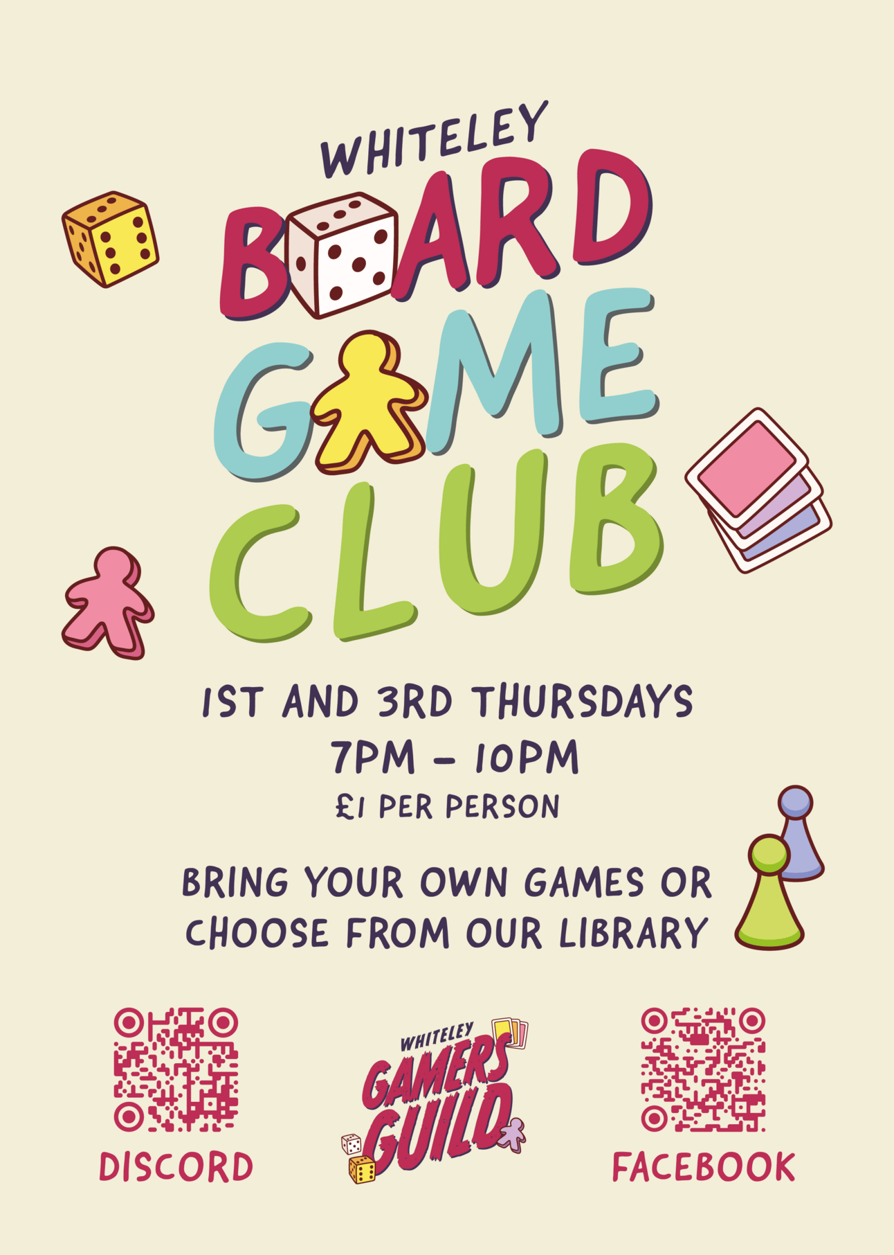 Board game club poster, with meeples, cards and tokens