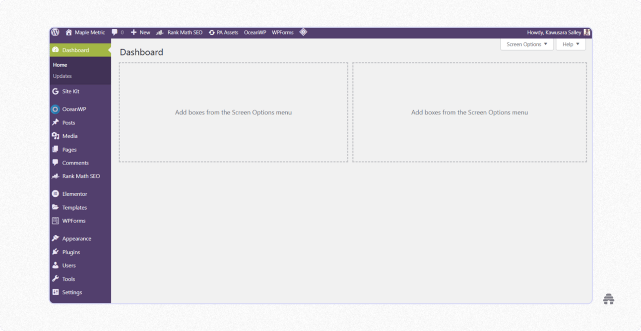 WordPress admin dashboard showing the initial empty setup with navigation for posts, pages, plugins, and site management. Illustrates the WordPress backend interface creators use to manage blog content, plugins, and website settings