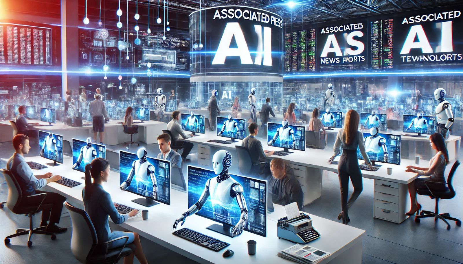 A futuristic newsroom setting with a diverse group of journalists working alongside AI-powered computers generating automated news content on sports and financial reports. In the background, a screen displays the Associated Press logo, symbolizing their adoption of AI technology for producing thousands of reports efficiently.