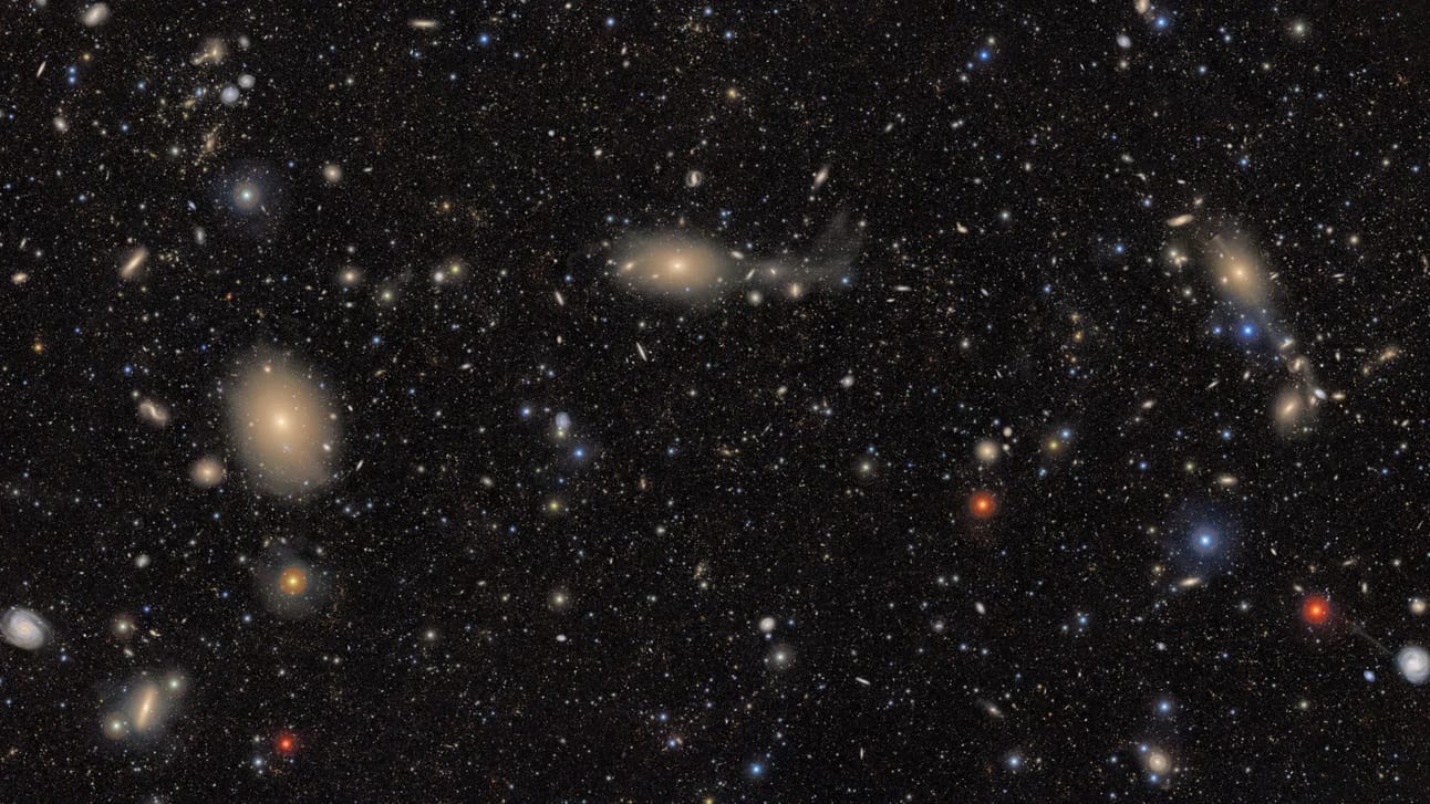 A section of Rubin's first full image of the Virgo cluster shows a stunning variety of objects — from bright stars ranging from blue to red, to nearby blue spiral galaxies, to distant red galaxy groups — demonstrating the broad range of science made possible by Rubin data. (Credit: RubinObs/NOIRLab/SLAC/NSF/DOE/AURA)