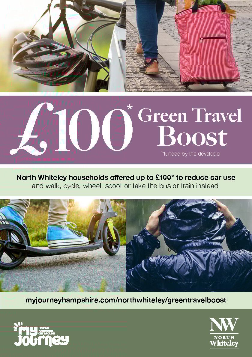 poster for the travel boost. there's a helmet, suitcase, scooter, and someone wearing a waterproof in the rain