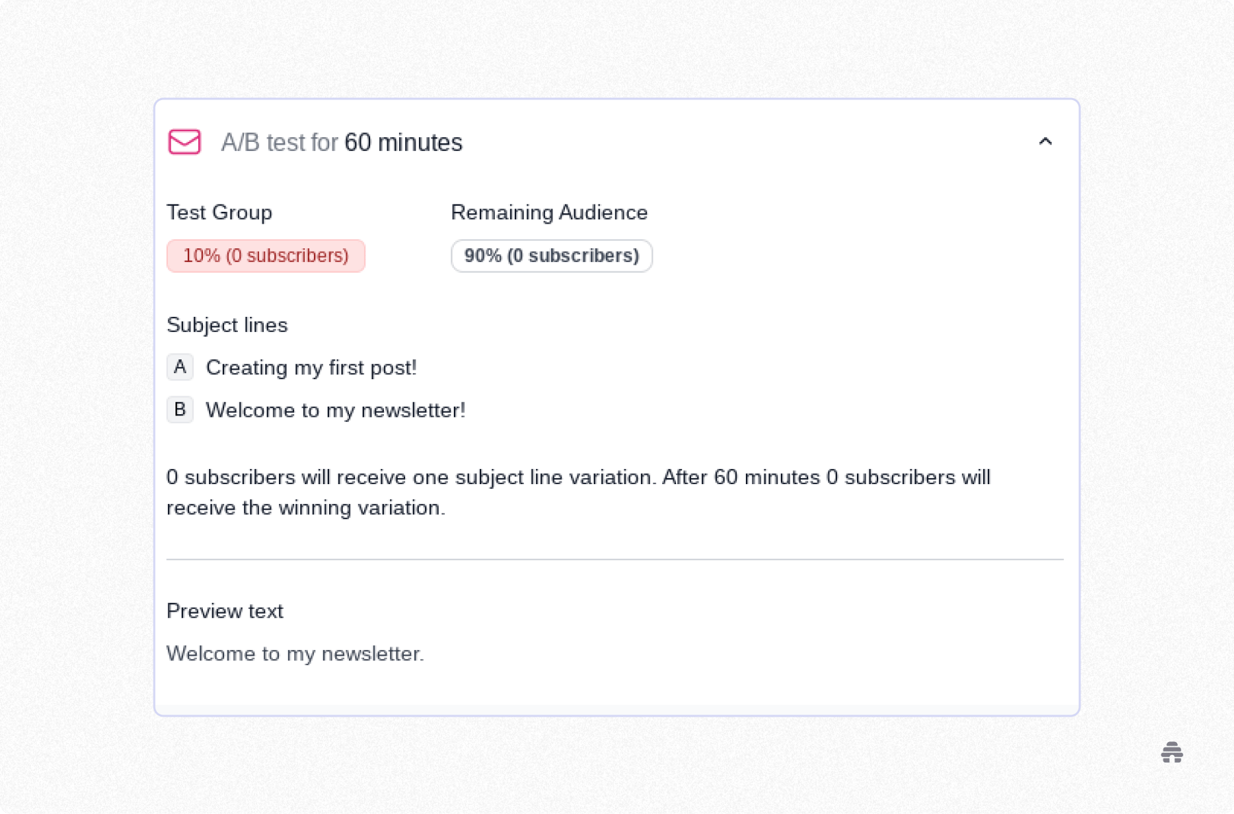 beehiiv A/B testing setup showing two subject line variations sent to a test group before choosing a winner. Demonstrates how newsletter creators optimize email opens using subject line experiments.